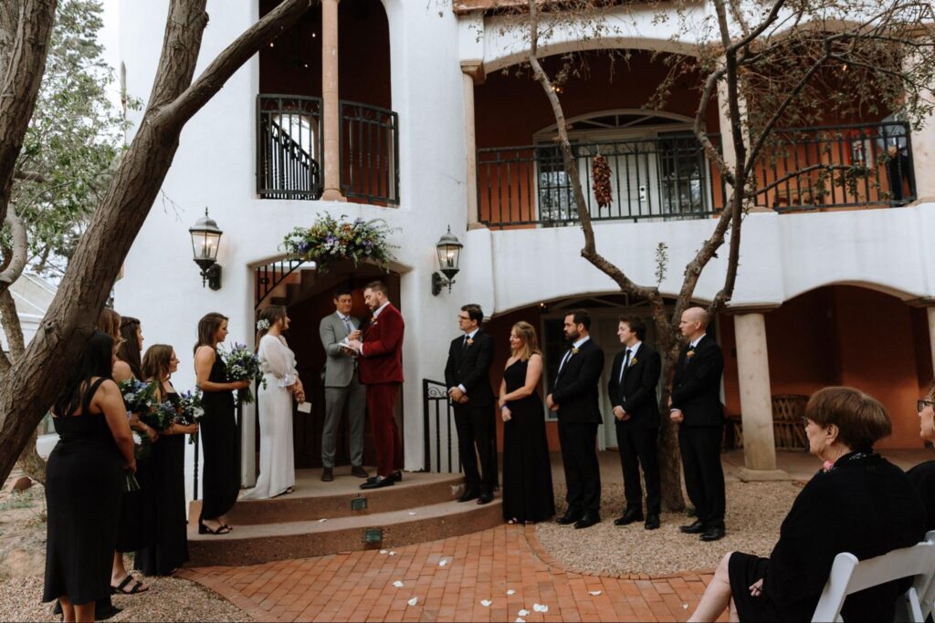 outdoor wedding with Santa Fe architecture