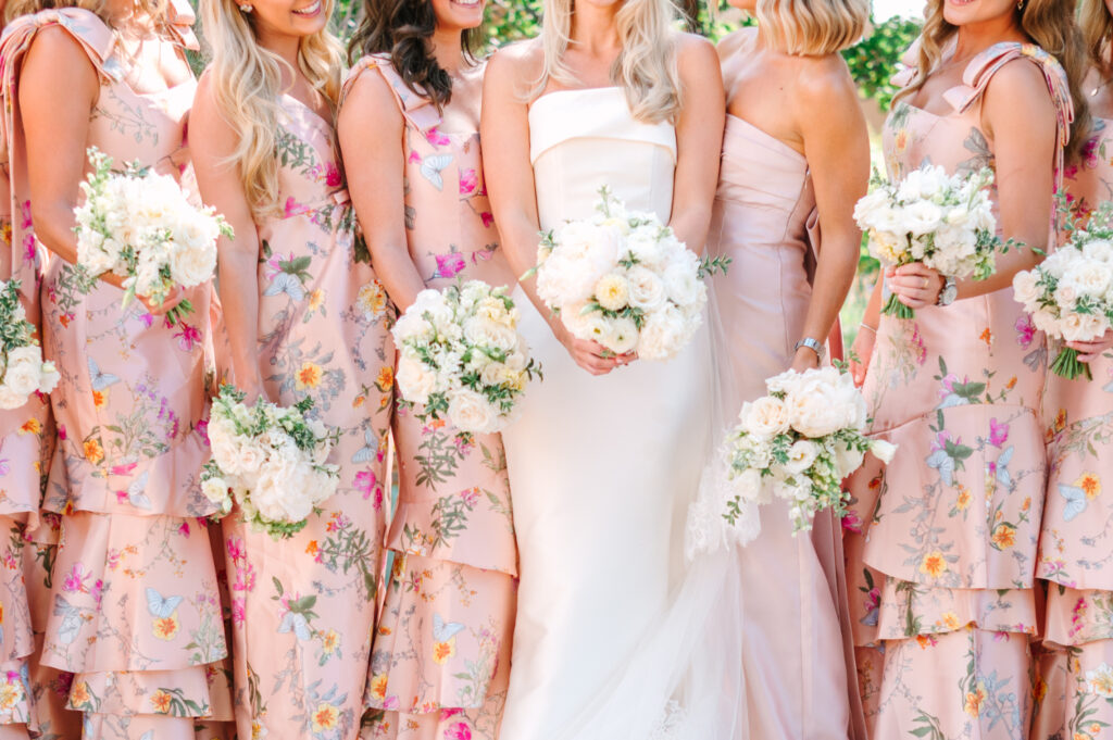 bridesmaids in floral dresses at New Mexico wedding