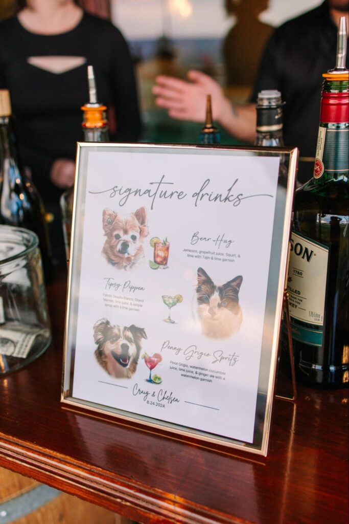 Personalized bar sign with pet-inspired drinks captures playful customization, a key 2025 wedding trend.