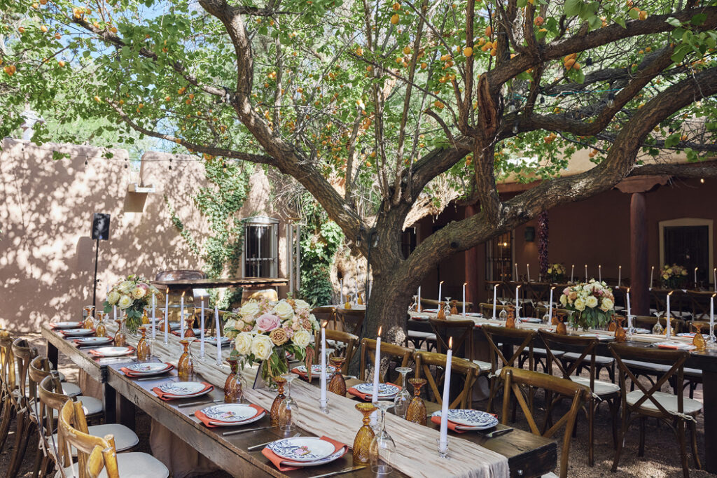 A long, rustic reception table sits beneath a tree with hanging fruit. With floral arrangements, candles, and decorative plates on the tables.