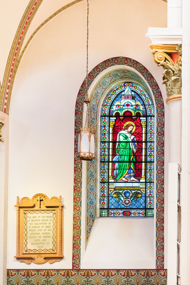 Stain glass details of the Loretto Chapel in Santa Fe.
